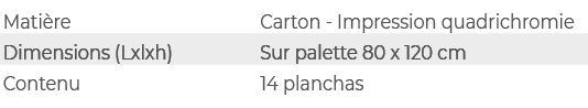 Mati re,Carton Impression quadrichromie,Dimensions (Lxlxh),Sur palette 80 x 120 cm,Contenu,14 planchas