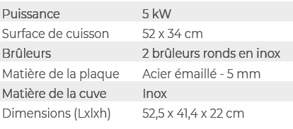 Puissance,5 kW,Surface de cuisson,52 x 34 cm,Br leurs,2 br leurs ronds en inox,Mati re de la plaque,Acier maill  5 m...
