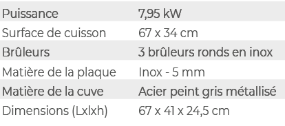 Puissance,7,95 kW,Surface de cuisson,67 x 34 cm,Br leurs,3 br leurs ronds en inox,Mati re de la plaque,Inox 5 mm,Mati...