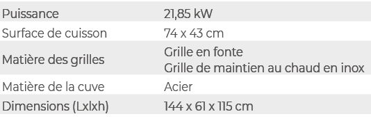 Puissance,21,85 kW,Surface de cuisson,74 x 43 cm,Mati re des grilles,Grille en fonte Grille de maintien au chaud en i...
