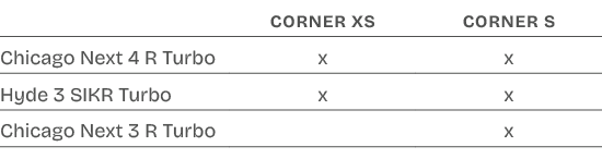 ,Corner XS,Corner S,Chicago Next 4 r turbo,x,x,Hyde 3 sikr Turbo,x,x,Chicago Next 3 r turbo,,x