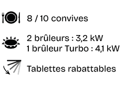 ￼,8 / 10 convives,￼,2 br leurs : 3,2 kW 1 br leur Turbo : 4,1 kW,￼,Tablettes rabattables