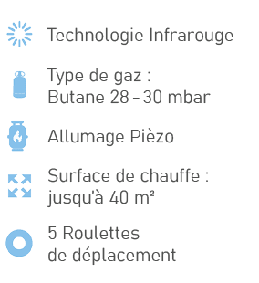 ￼,Technologie Infrarouge,￼,Type de gaz : Butane 28 30 mbar,￼,Allumage Pi zo,￼,Surface de chauffe : jusqu’ 40 m²,￼,5 ...