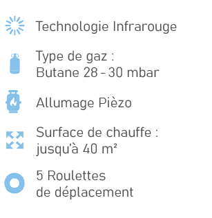 ￼,Technologie Infrarouge,￼,Type de gaz : Butane 28 30 mbar,￼,Allumage Pi zo,￼,Surface de chauffe : jusqu’ 40 m²,￼,5 ...