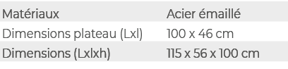 Mat riaux,Acier maill ,Dimensions plateau (Lxl),100 x 46 cm,Dimensions (Lxlxh),115 x 56 x 100 cm