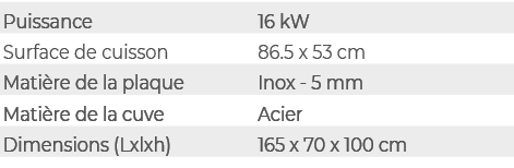 Puissance,16 kW,Surface de cuisson,86.5 x 53 cm,Mati re de la plaque,Inox 5 mm,Mati re de la cuve,Acier,Dimensions (L...