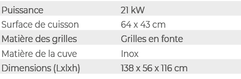 Puissance,21 kW,Surface de cuisson,64 x 43 cm,Mati re des grilles,Grilles en fonte,Mati re de la cuve,Inox,Dimensions...