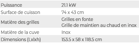 Puissance,21.1 kW,Surface de cuisson,74 x 43 cm,Mati re des grilles,Grilles en fonte Grille de maintien au chaud en i...