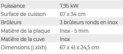 Puissance,7,95 kW,Surface de cuisson,67 x 34 cm,Br leurs,3 br leurs ronds en inox,Mati re de la plaque,Inox 5 mm,Mati...