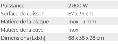 Puissance,2 800 W,Surface de cuisson,67 x 34 cm,Mati re de la plaque,Inox 5 mm,Mati re de la cuve,Inox,Dimensions (Lx...