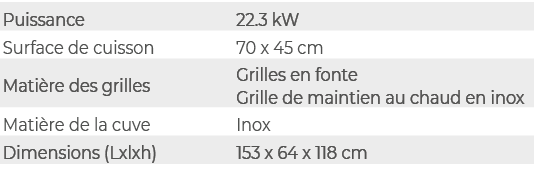 Puissance,22.3 kW,Surface de cuisson,70 x 45 cm,Mati re des grilles,Grilles en fonte Grille de maintien au chaud en i...