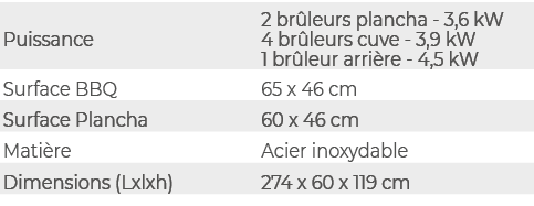 Puissance,2 br leurs plancha 3,6 kW 4 br leurs cuve 3,9 kW 1 br leur arri re 4,5 kW,Surface BBQ,65 x 46 cm,Surface Pl...