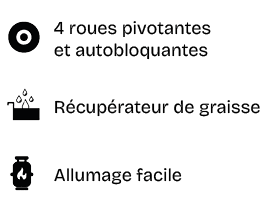 ￼,4 roues pivotantes et autobloquantes,￼,R cup rateur de graisse,￼,Allumage facile