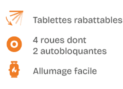 ￼,Tablettes rabattables,￼,4 roues dont 2 autobloquantes,￼,Allumage facile
