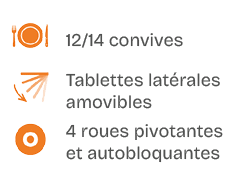 ￼,12/14 convives,￼,Tablettes lat rales amovibles,￼,4 roues pivotantes et autobloquantes