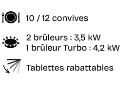 ￼,10 / 12 convives,￼,2 br leurs : 3,5 kW 1 br leur Turbo : 4,2 kW,￼,Tablettes rabattables