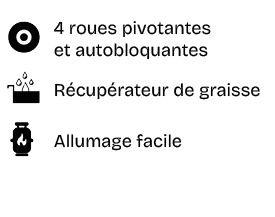 ￼,4 roues pivotantes et autobloquantes,￼,R cup rateur de graisse,￼,Allumage facile