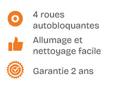￼,4 roues autobloquantes,￼,Allumage et nettoyage facile,￼,Garantie 2 ans