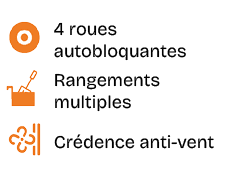 ￼,4 roues autobloquantes,￼,Rangements multiples,￼,Cr dence anti vent
