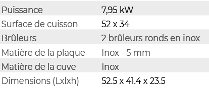 Puissance,7,95 kW,Surface de cuisson,52 x 34,Br leurs,2 br leurs ronds en inox,Mati re de la plaque,Inox 5 mm,Mati re...