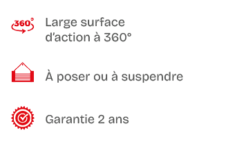 ￼,Large surface d’action  360°,￼,  poser ou   suspendre,￼,Garantie 2 ans