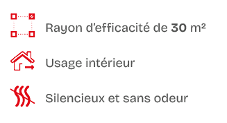 ￼,Rayon d’efficacit de 30 m²,￼,Usage int rieur,￼,Silencieux et sans odeur