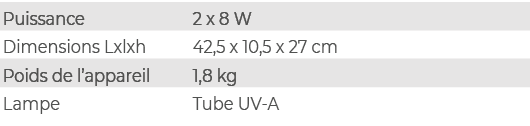 Puissance,2 x 8 W,Dimensions Lxlxh,42,5 x 10,5 x 27 cm,Poids de l’appareil,1,8 kg,Lampe,Tube UV A