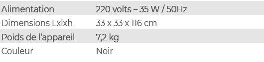 Alimentation,220 volts – 35 W / 50Hz,Dimensions Lxlxh,33 x 33 x 116 cm,Poids de l’appareil,7,2 kg,Couleur,Noir