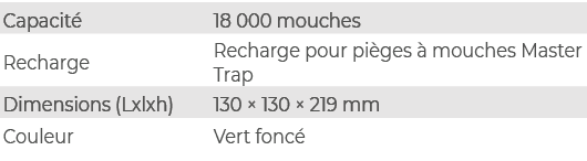 Capacit ,18 000 mouches,Recharge,Recharge pour pi ges  mouches Master Trap,Dimensions (Lxlxh),130 × 130 × 219 mm,Cou...