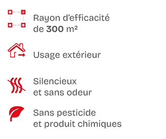 ￼,Rayon d’efficacit de 300 m²,￼,Usage ext rieur,￼,Silencieux et sans odeur,￼,Sans pesticide et produit chimiques