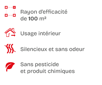 ￼,Rayon d’efficacit de 100 m²,￼,Usage int rieur,￼,Silencieux et sans odeur,￼,Sans pesticide et produit chimiques