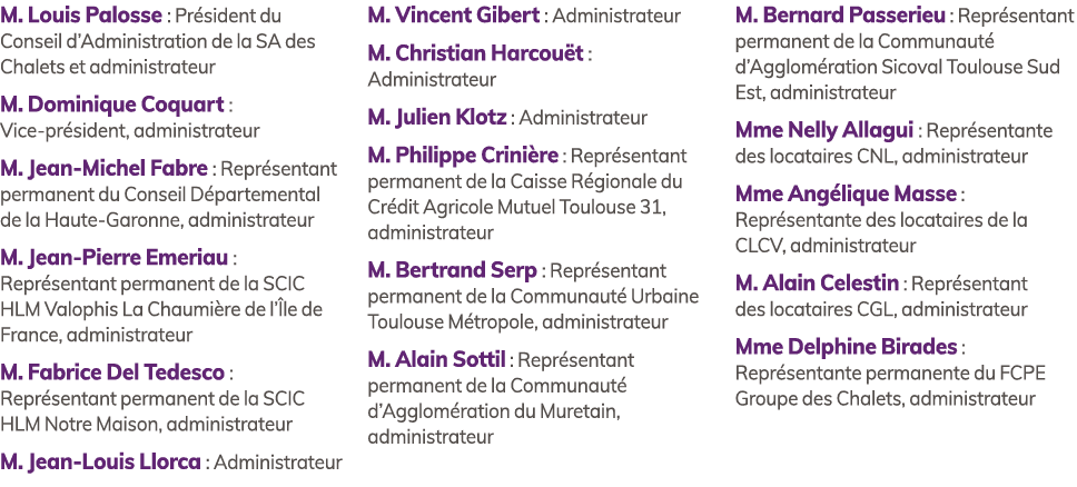 M. Louis Palosse : Pr sident du Conseil d’Administration de la SA des Chalets et administrateur M. Dominique Coquart ...