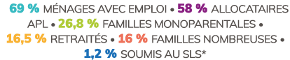 69 % M nages avec emploi  58 % Allocataires APL  26,8 % Familles MONOparentales  16,5 % Retrait s  16 % Familles...