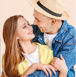 Big collage of hugging people on color background