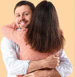 Big collage of hugging people on color background