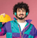 front view young man shows other side with scate board